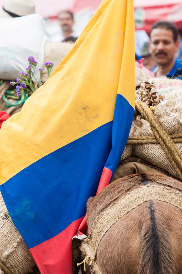 Bandera de Colombia en Medio de una Caravana de Mu...